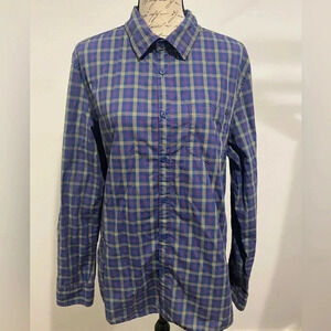 FOX long sleeve button down shirt. Plaid purple/navy/green. Size Large